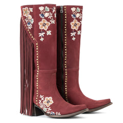 Tuhoomall Western Cowboy Boots for Women, Floral Embroidered Mid-Calf Chunky Heel, Trendy Fringe Detail, Perfect for Casual Outings and Performances