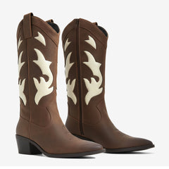 Tuhoomall Western Embroidered Mid-Calf Boots with Chunky Heel Perfect for Fashion and Casual Work Wear Tuhoomall