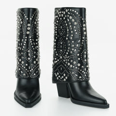 Tuhoomall Ankle Boots for Women, Stylish and Comfortable, Perfect for Parties and Casual Outings, Studded Design with Metal Buckle, 10cm Chunky Heel