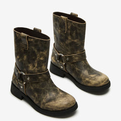 Tuhoomall Western Cowboy Ankle Boots for Women, Vintage Chunky Heel Booties, Easy Slip-On Design, All-Weather Comfort with Metal Buckle Detail