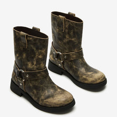 Tuhoomall Western Cowboy Ankle Boots for Women, Vintage Chunky Heel Booties, Easy Slip-On Design, All-Weather Comfort with Metal Buckle Detail Tuhoomall