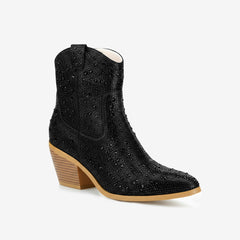 Tuhoomall Western LOW Heel Ankle Boots, Zipper Closure, Chic Rhinestone Detail, Solid Color, Perfect for Parties and All-Season Fashion