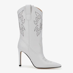 Tuhoomall Embroidered Mid Calf Heeled Boots for Women, Stylish Short Booties with 10cm Stiletto Heel, Perfect for Casual and Formal Wear Tuhoomall