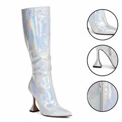 Tuhoomall Iridescent Mid Calf Stiletto Heeled Boots for Parties and Performances, Fashionable Vegan Leather, Pointed Toe, Easy Slip-On, 9.5cm Height