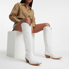 Tuhoomall Faux Suede Knee High Western Boots with Embroidered Eagles for Fashion, Travel, and Parties, 2.36 in Chunky Heel