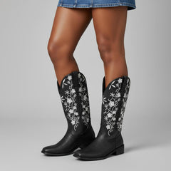 Tuhoomall Comfortable Western Boots for Women - Floral Embroidered Design, Slip-On Style, Outdoor Fashion - Perfect for Everyday Wear
