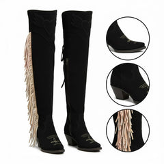 Tuhoomall Western Over Knee Boots with Fringe and Heart Pattern, Block Heel 2.76in, Zipper Closure, Faux Suede for Fashionable Boho Lifestyle
