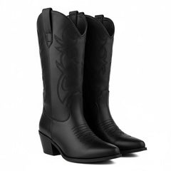 Tuhoomall Western Chunky Heel Women's Cowboy Boots, Comfortable Slip-On, Retro Embroidered Design, Non-Slip Sole for Travel and Casual Wear