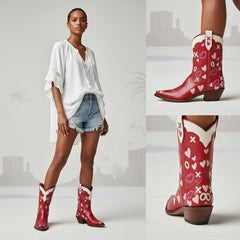 Tuhoomall Western Ankle Boots for Women, 5.5cm Heeled Slip-On, Geometric Pattern with Embroidery, Casual Stylish Mid-Calf Footwear for All Seasons