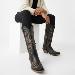 Tuhoomall Stylish Western Mid-Calf Boots for Women - Embroidered Vegan Leather, 2.76in Low Chunky Heel, Perfect for Year-Round Casual Wear