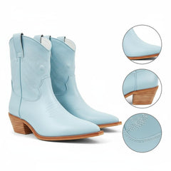 Tuhoomall Metallic Cowboy Ankle Boot with Chunky Block Heel, Pointed Toe, Embroidered Design for Casual Fashion Use, Vegan Leather, All Seasons