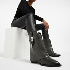 Tuhoomall Chic Almond Toe Ankle Boots with Metal Buckle, Slip-On, Wedge Heel for Fashion Parties and Casual Outings, All-Season Comfort