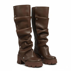 Tuhoomall Gothic Knee-High Boots for Women, Comfortable Chunky Heel, Stylish Slip-On Design for Casual Street Outings