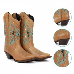 Tuhoomall Western Ankle Boots with Rhinestone Details, Faux Leather Lining, 2.36โ Heel, Embroidered Design for Casual and Performance Events