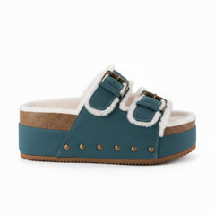 Tuhoomall Blue Faux Suede Fur-Lined Studs Double Buckle Strap Round Platform Cork Sandals Slippers