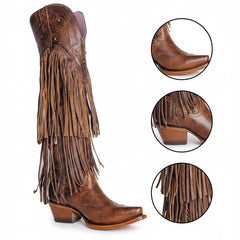 Tuhoomall Western Knee-High Cowboy Boots, Chunky Heel, Fringe & Studs, Retro Style, Casual Wear, All Seasons