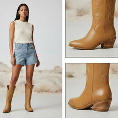 Tuhoomall Western Chunky Heel Women's Cowboy Boots, Comfortable Slip-On, Retro Embroidered Design, Non-Slip Sole for Travel and Casual Wear