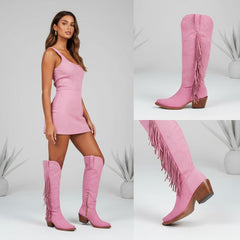Tuhoomall Fringe Western Knee High Boots for Women, Soft Vegan Suede, Embroidered Design, Perfect for Vintage, Casual, and Party Wear