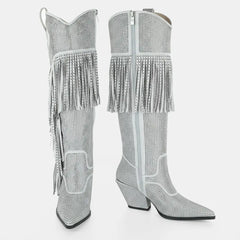 Tuhoomall Knee High Suede Boots For Women With Chunky Heel, Pointed Toe, Tassel And Rhinestones, Perfect For Fashion, Casual And Outdoor Wear Tuhoomall