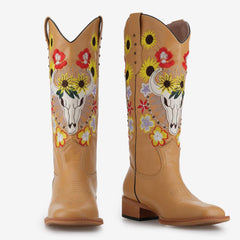 Tuhoomall Western Cowgirl Mid Calf Boots, Floral Embroidery, Chunky Heel Slip-On for Casual Outdoor Fashion Tuhoomall