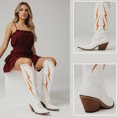 Tuhoomall Western Cowgirl Mid Calf Boots with Chunky Heel, Pointed Toe, Embroidered Design, Slip-On Style for Fashionable Casual Wear