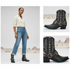 Tuhoomall Western Ankle Booties, Chunky Heel, Snip-Toe, Studded & Embroidered, All-Season Wear for Parties and Performances
