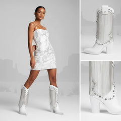 Tuhoomall Chunky Heel Western Rhinestone Booties with Fringes for Fashion Events, Pointed Toe, Slip-On Style, All-Day Comfort, Eye-Catching Design