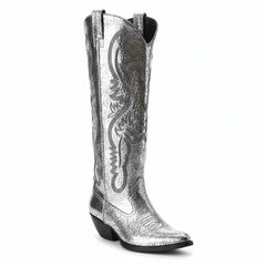 Tuhoomall Western Mid Calf Boots for Women, Embroidered Pointed Toe, Chunky Heel, Slip-On Design for Casual Style