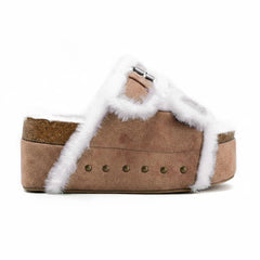 Tuhoomall Blue Faux Suede Fur-Lined Studs Double Buckle Strap Round Platform Cork Sandals Slippers