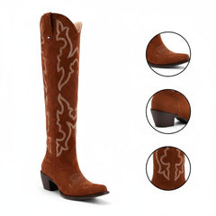 Tuhoomall Western Knee-High Boots with Elegant Embroidery, Stylish Mid Heel for Casual and Office Wear, Durable Faux Suede Leather, All-Season Fashion