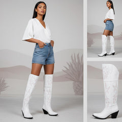 Tuhoomall Western Over-the-Knee Boots for Women, Chunky Heel, Snip-Toe, Embroidered, Slip-On, Distressed Style for Parties and Casual Outings