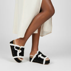 Tuhoomall Blue Faux Suede Fur-Lined Studs Double Buckle Strap Round Platform Cork Sandals Slippers