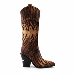 Tuhoomall Leopard Print Knee High Boots for Women, Stylish Chunky Heels, Slip-On Design, Ideal for Performance and Casual Wear