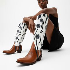 Tuhoomall Western Style Mid Calf Boots With Floral Embroidery - Casual Fashion Footwear For Travel And Parties, 2.00 In Heel, Snip Toe Design