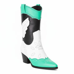 Tuhoomall Colorful Metallic Western Mid Calf Boots with Embroidery, Pointed Toe, Comfort Block Heel for Casual Wear