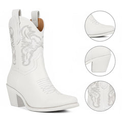 Tuhoomall Comfortable Western Ankle Boots for Fashion, Travel, and Leisure - Embroidered Genuine Leather, 5.5cm Chunky Heel, Slip-On Design