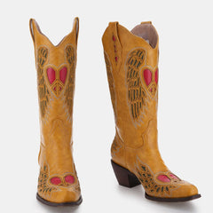 Tuhoomall Western Cowgirl Boots, Chunky Heel Slip-On, Embroidered Heart Details, Vintage Style for Year-Round Fashion Tuhoomall
