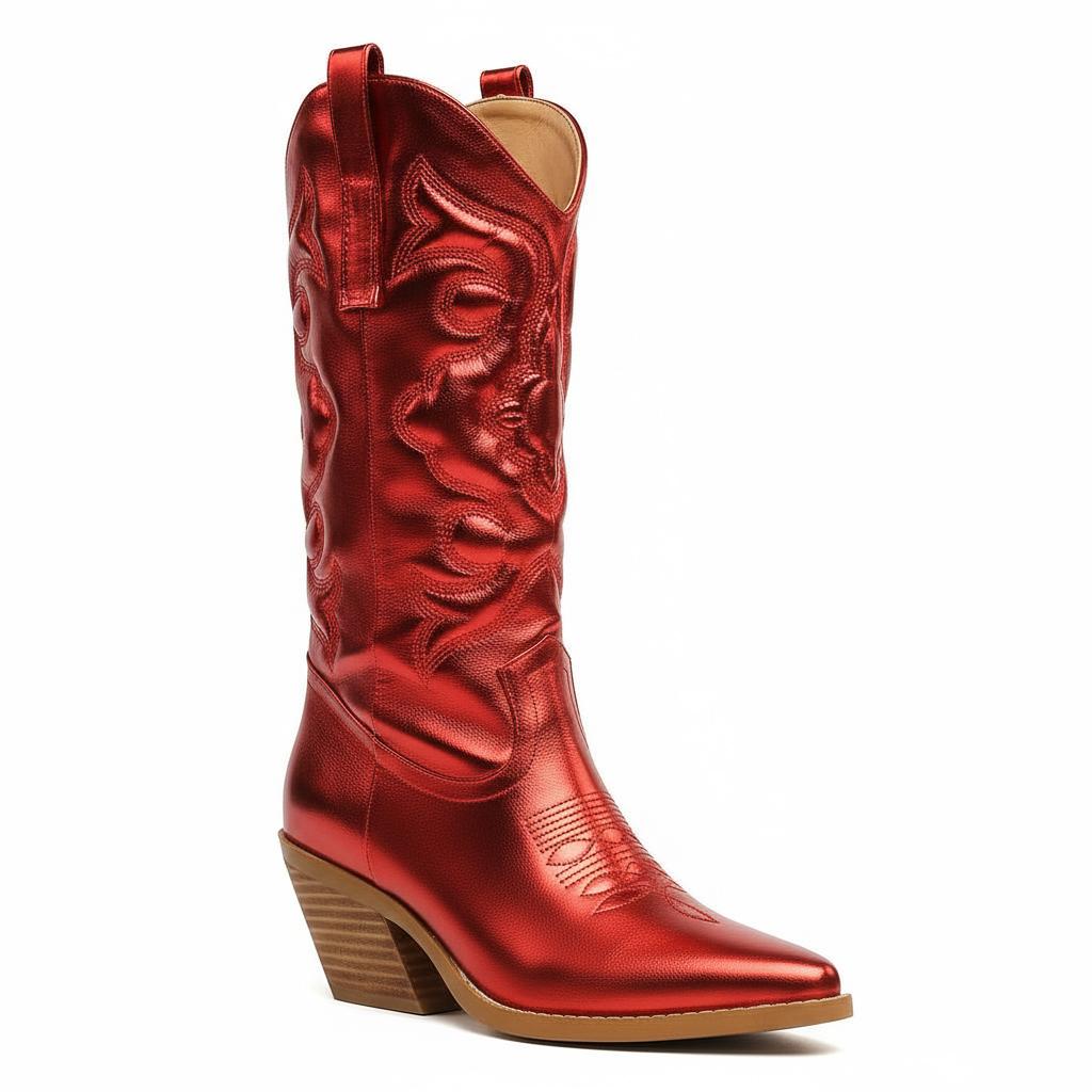 Tuhoomall Comfortable Western Boots for Women – 6cm Low Chunky Heel, Slip-On Design with Floral Embroidery - Fashionable All-Season Style Tuhoomall