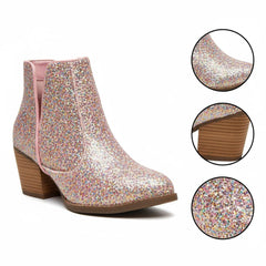 Tuhoomall Glitter Ankle Boots for Women, 3-Inch Chunky Heel, Shiny Pointed Toe, Perfect for Parties and Fashion Events
