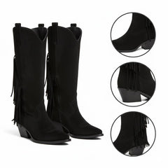 Tuhoomall Western Style Mid-Calf Boots with Tassels, Casual Fashion Footwear, Chunky Heel, Faux Suede, Zipper Closure, All-Season Design