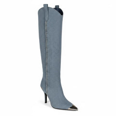 Tuhoomall Stylish High Heel Ankle Boots with Zipper, 10cm Stiletto, Rubber Sole, Metallic Shine, Denim Finish for Fashion, Casual, Office Tuhoomall
