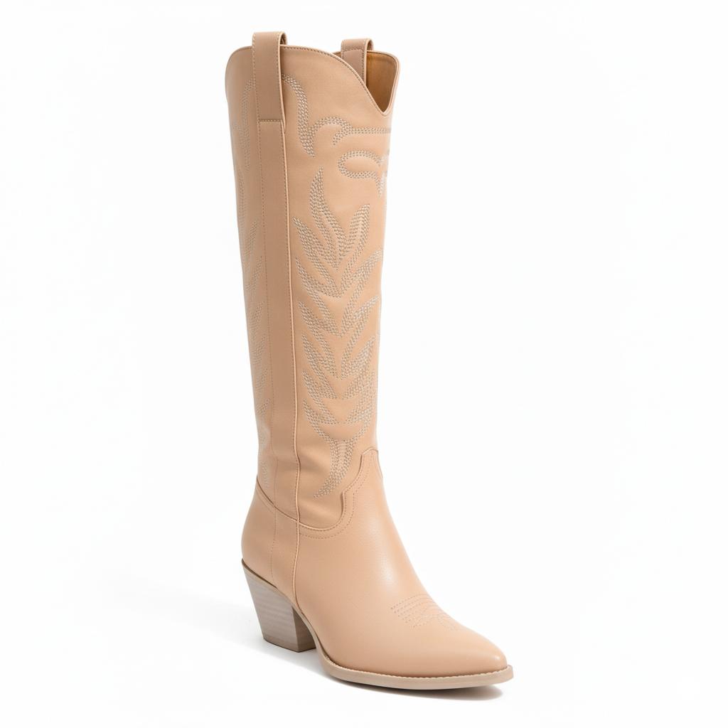 Tuhoomall Cowgirl Mid Calf Boots, Chunky Heel, Pointed Toe, Stylish Embroidery, Casual All Season Footwear Tuhoomall