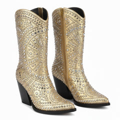 Tuhoomall Western Style Chunky Heel Boots for Women, 10cm Faux Suede with Rivet and Rhinestone Accents, Easy Zipper Closure for Parties and Performances