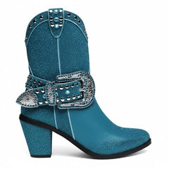 Tuhoomall Chunky Heel Pointed Toe Ankle Booties with Studs and Rhinestones for Fashion, Parties, and Casual Outings