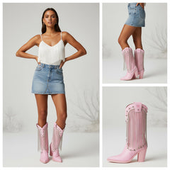 Tuhoomall Chunky Heel Western Rhinestone Booties with Fringes for Fashion Events, Pointed Toe, Slip-On Style, All-Day Comfort, Eye-Catching Design