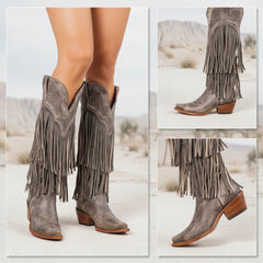 Tuhoomall Western Knee-High Cowboy Boots, Chunky Heel, Fringe & Studs, Retro Style, Casual Wear, All Seasons
