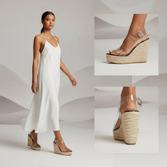 Tuhoomall Comfortable Bohemian Style Slip-On Wedge Sandals with 11 CM Heel for Travel - Waterproof, Solid Color, Open Toe Design