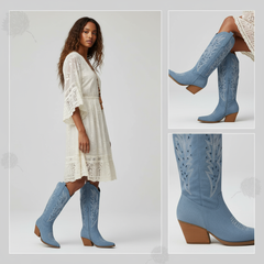 Tuhoomall Western Knee-High Boots For Women With Embroidery And Zipper, Chunky Heel For Travel, Outdoor, Fashion Casual, Party And Dance