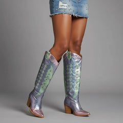 Tuhoomall Western Cowgirl Mid Calf Boots with Snip-Toe and Chunky Heel for Fashion Parties and Performances, Animal Pattern, Metallic Bright Surface