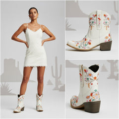 Tuhoomall Stylish Western Ankle Boots with Floral Embroidery, Rubber Sole, Chunky 5cm Heel for Classic and Casual Looks
